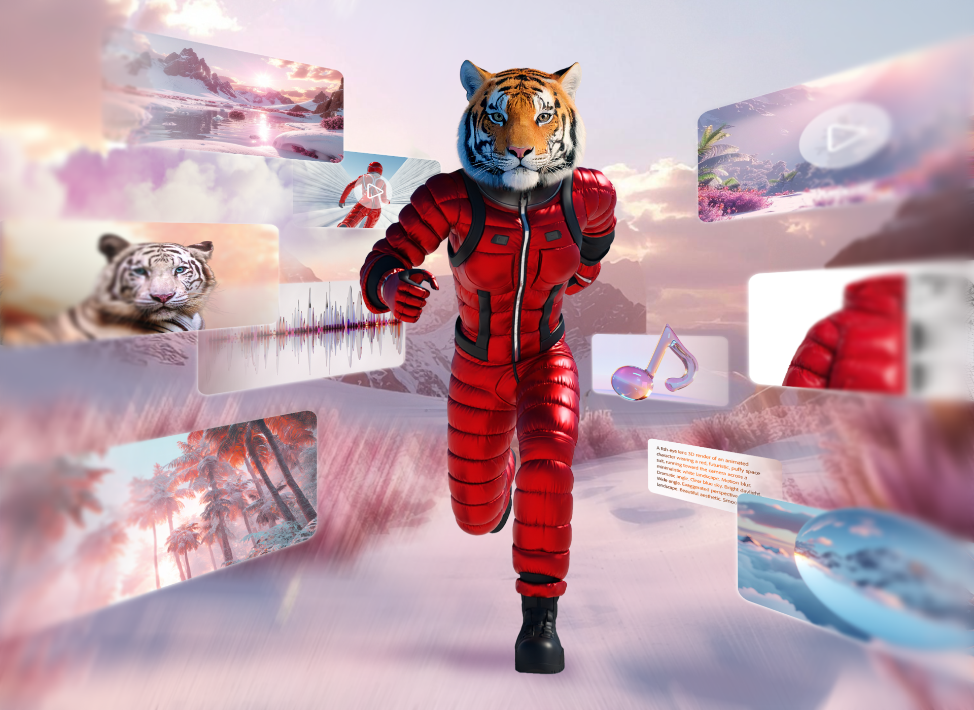 A digitally created tiger-headed character in a red puffer suit runs through a surreal landscape surrounded by floating creative elements such as images, videos, music notes, and sound waveforms, symbolizing Adobe Firefly’s multimodal generative AI capabilities.