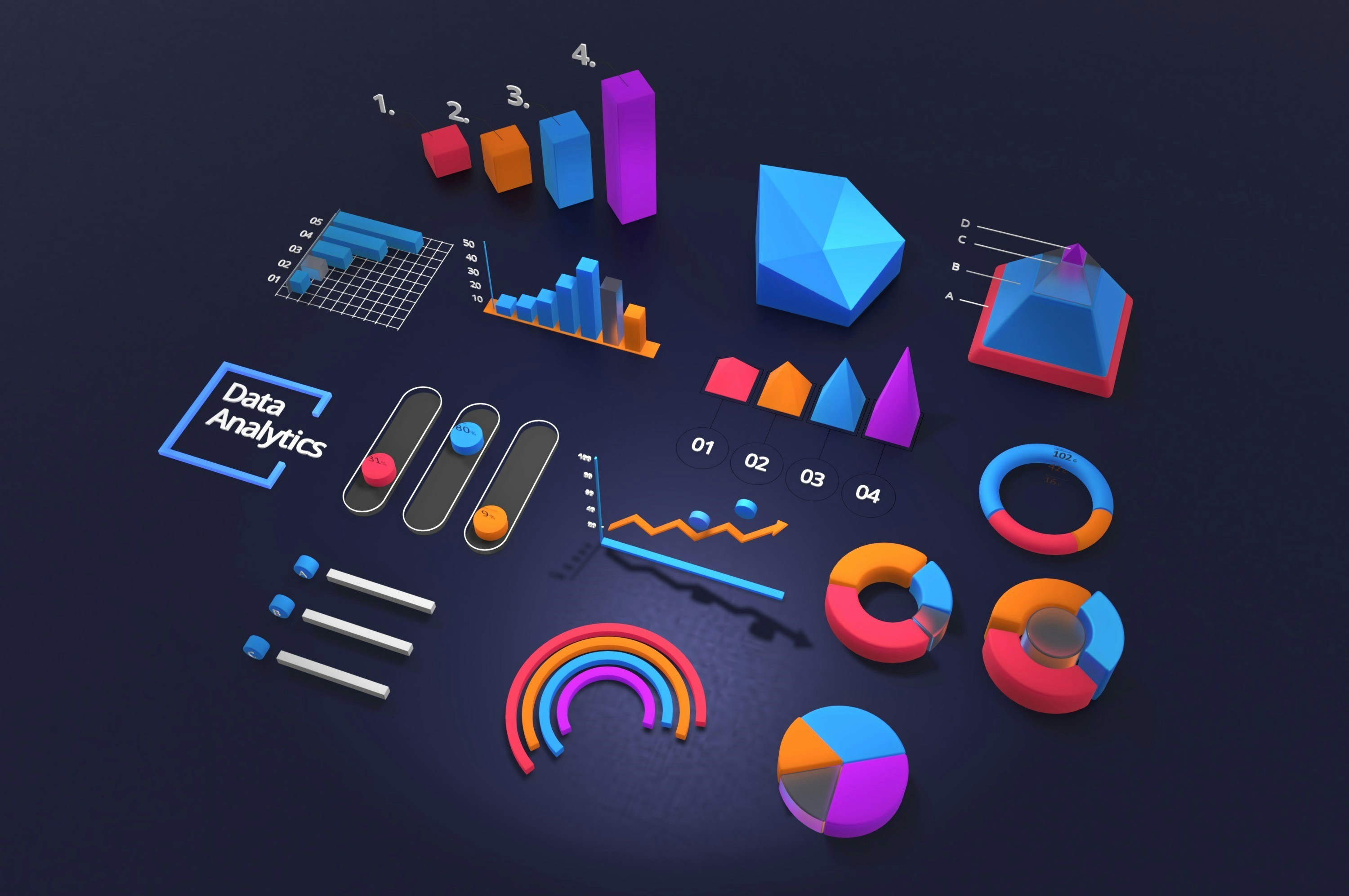 3D illustration of colorful data analytics elements on a dark background, including bar charts, pie charts, line graphs, donut charts, pyramids, sliders, and rainbow-shaped graphics, labeled “Data Analytics.”