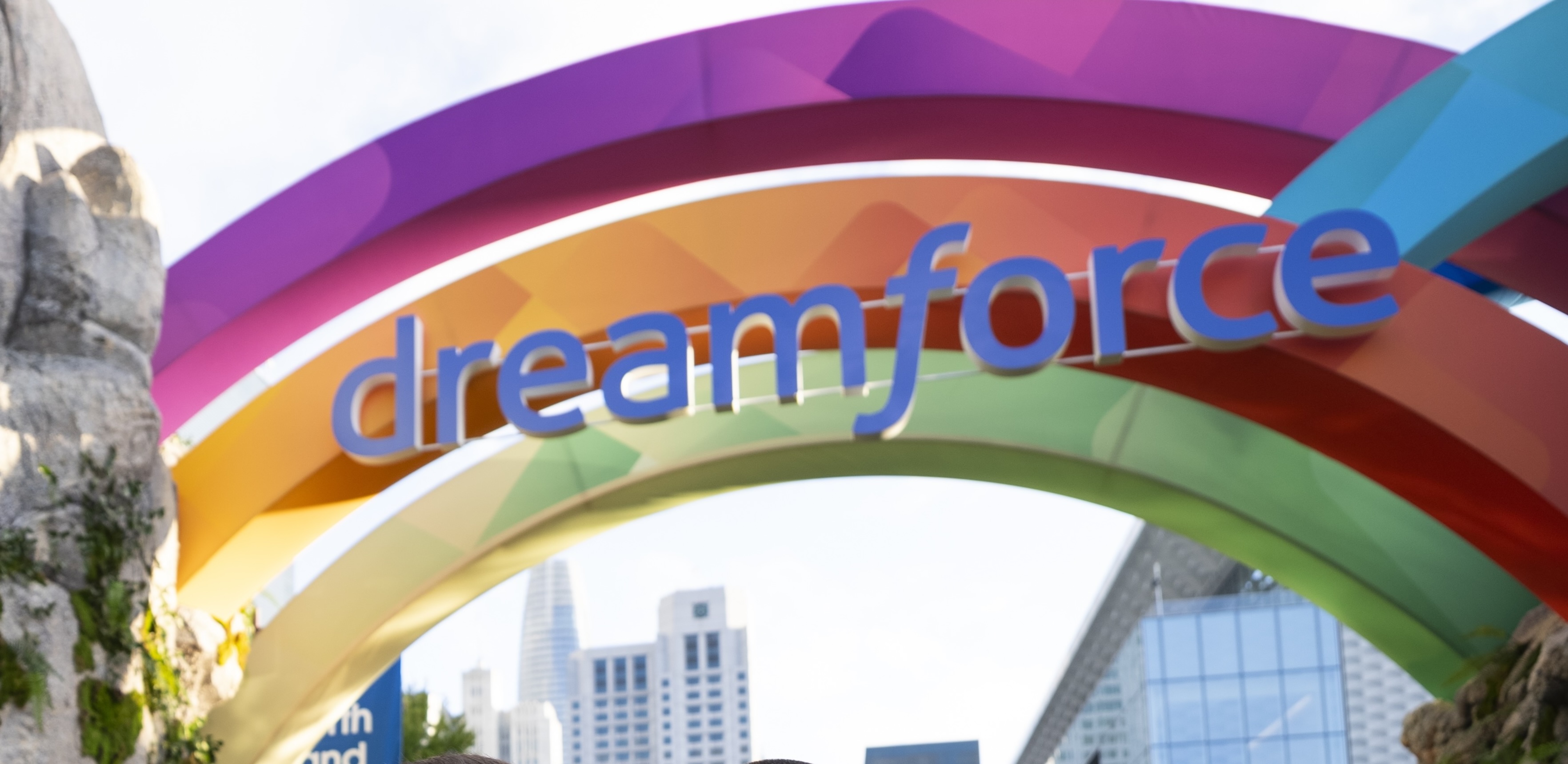 Dreamforce logo over rainbow background at Dreamforce 2025 in San Francisco.