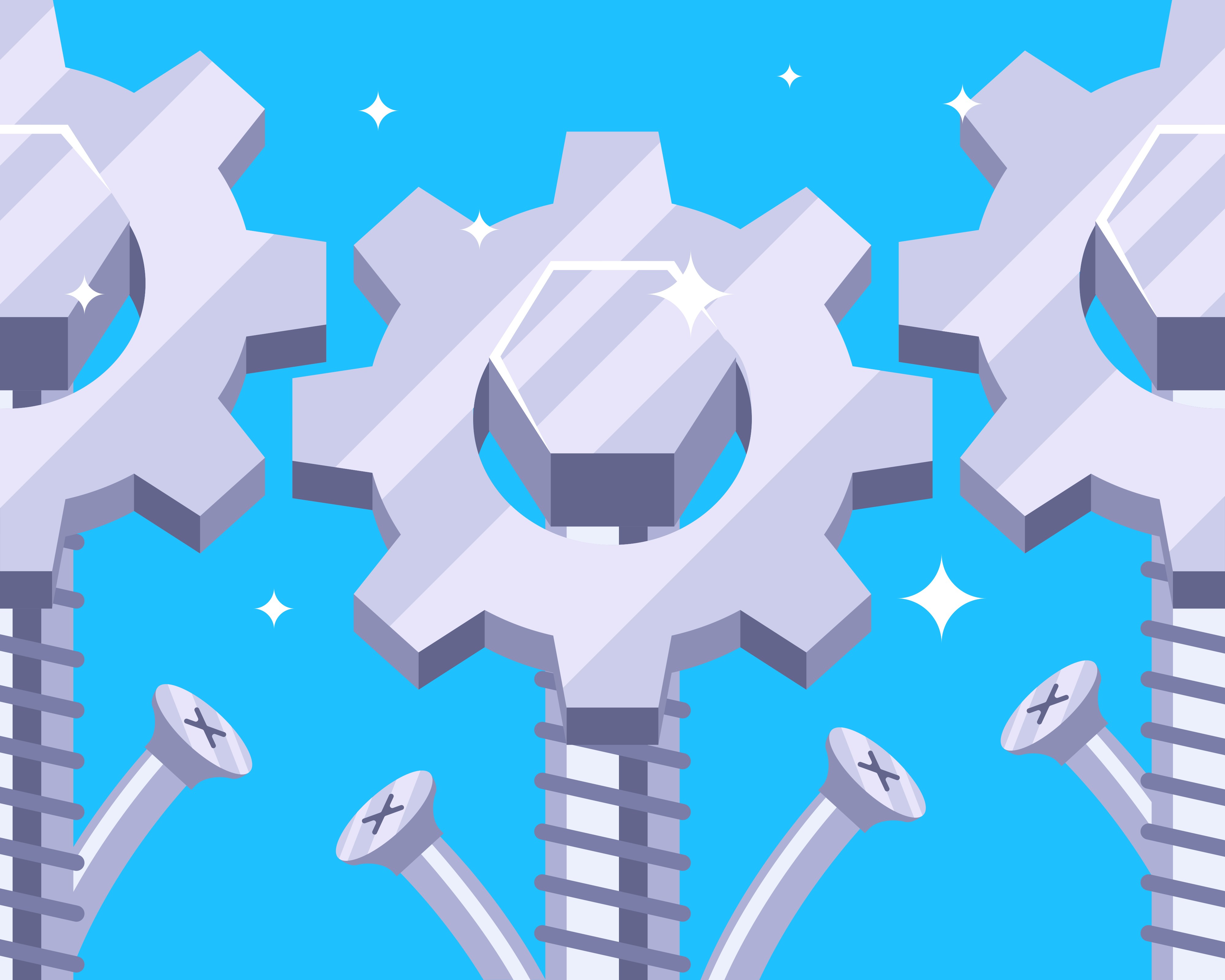 Drawing of gears and screws on a blue background.
