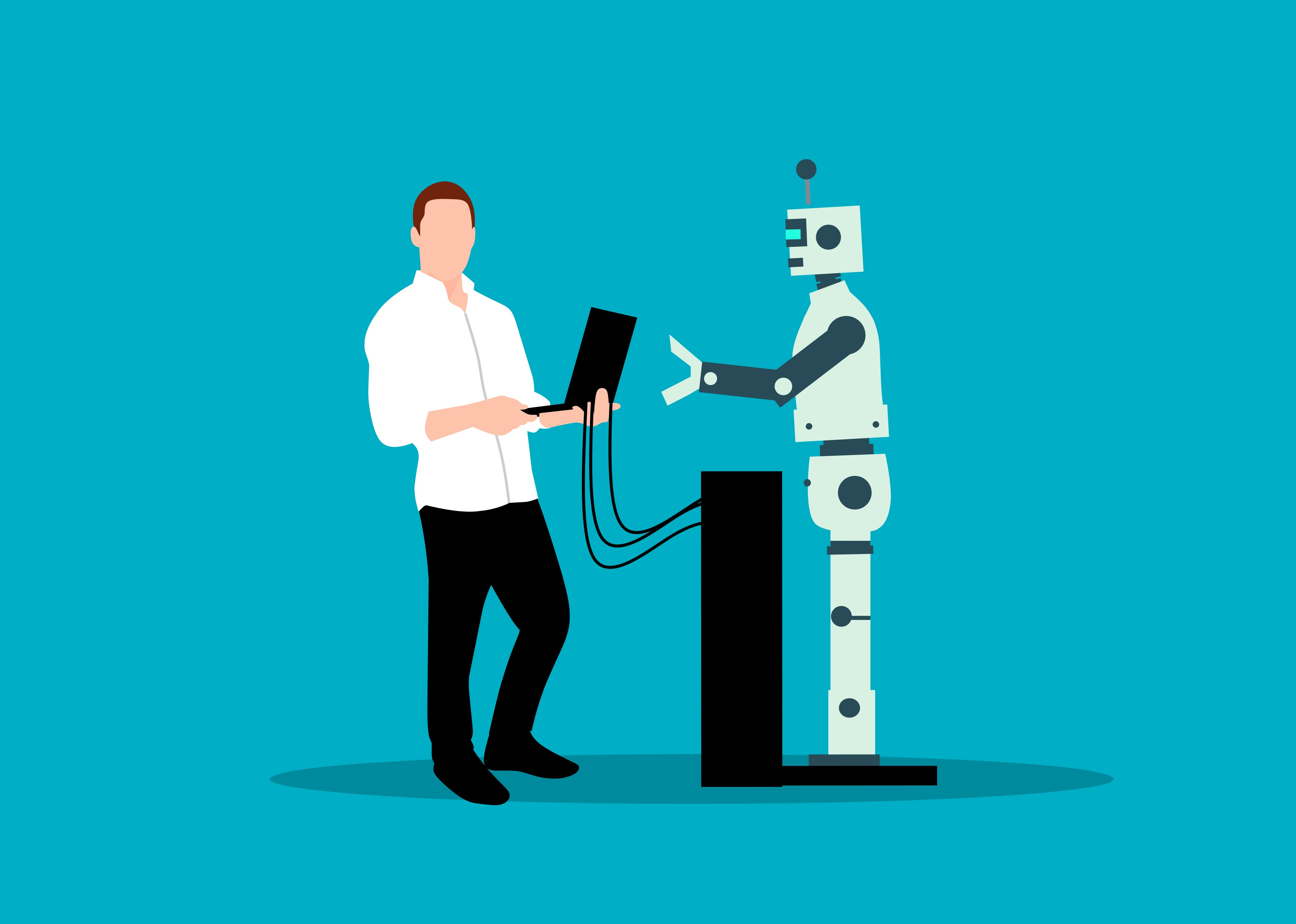 Illustration of man with a laptop working with a robot on a blue background.