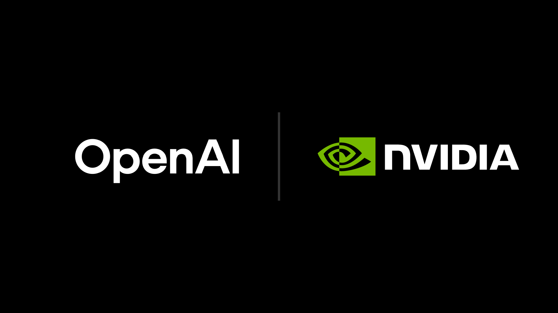 Logos of OpenAI and Nvidia side by side on a black background, separated by a thin vertical line, symbolizing a partnership or collaboration.