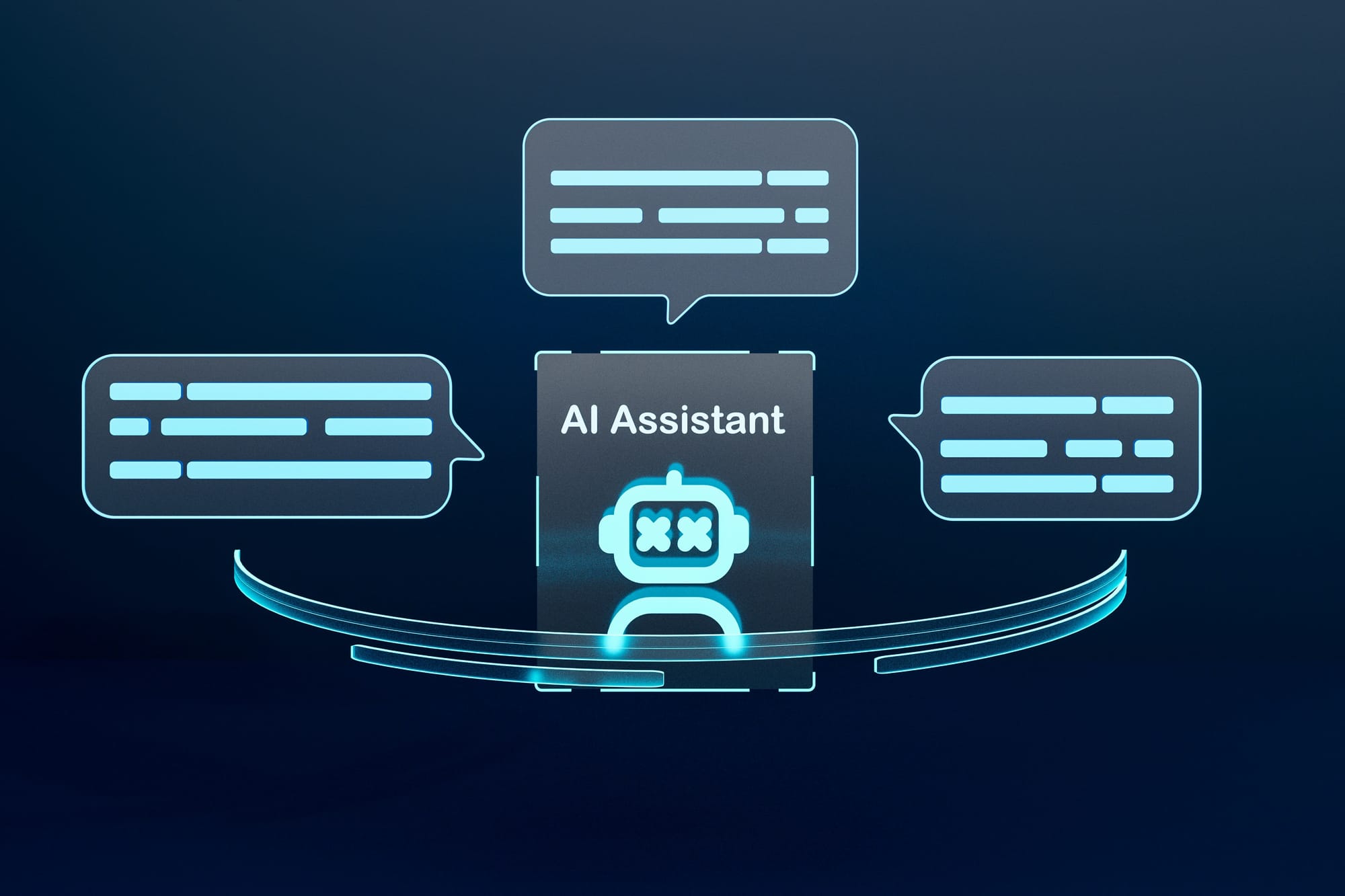 Illustration of an AI assistant represented by a robot icon labeled “AI Assistant,” surrounded by glowing speech bubbles to suggest conversational interactions, set against a dark blue gradient background.