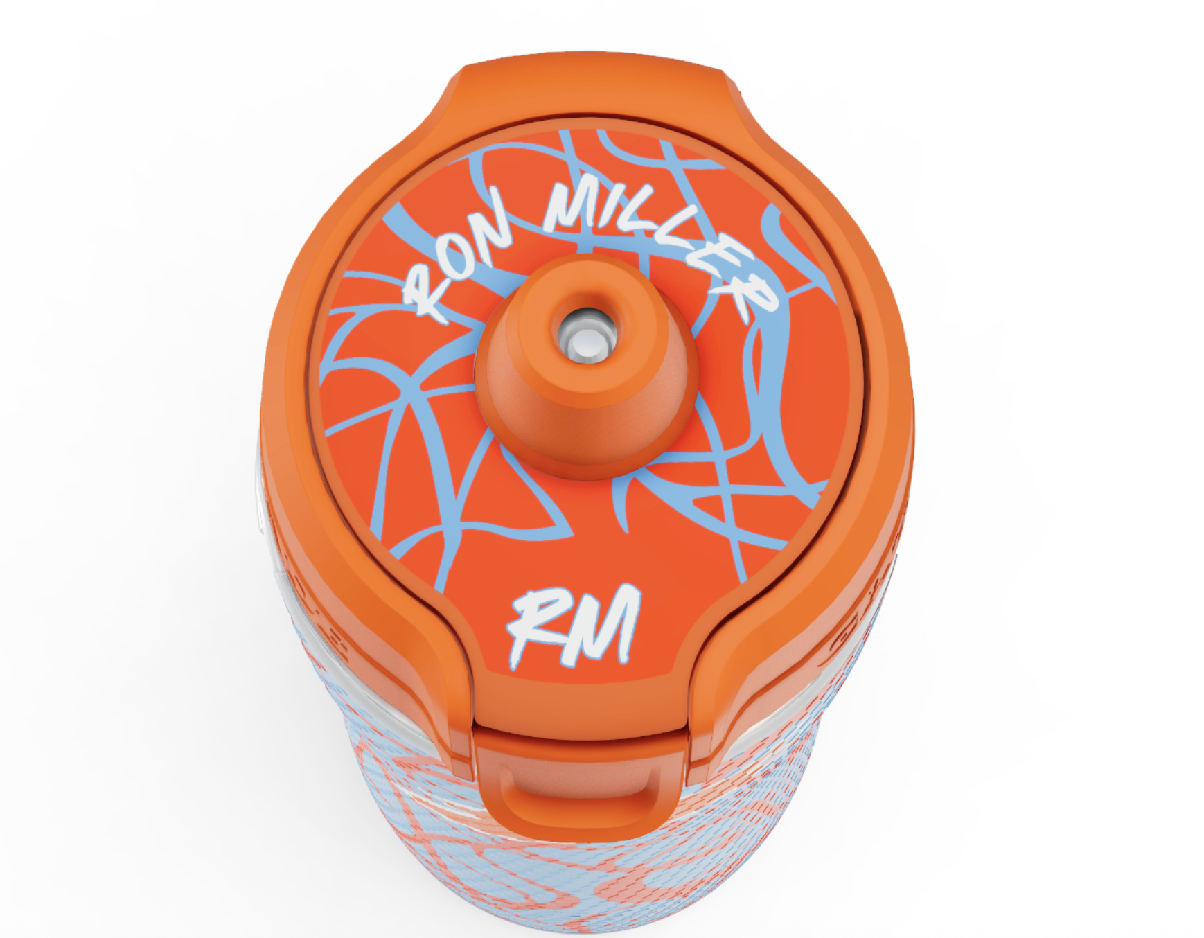 Top view of an orange custom Gatorade bottle with light blue abstract patterns and the name “Ron Miller” and initials “RM” printed on the lid.