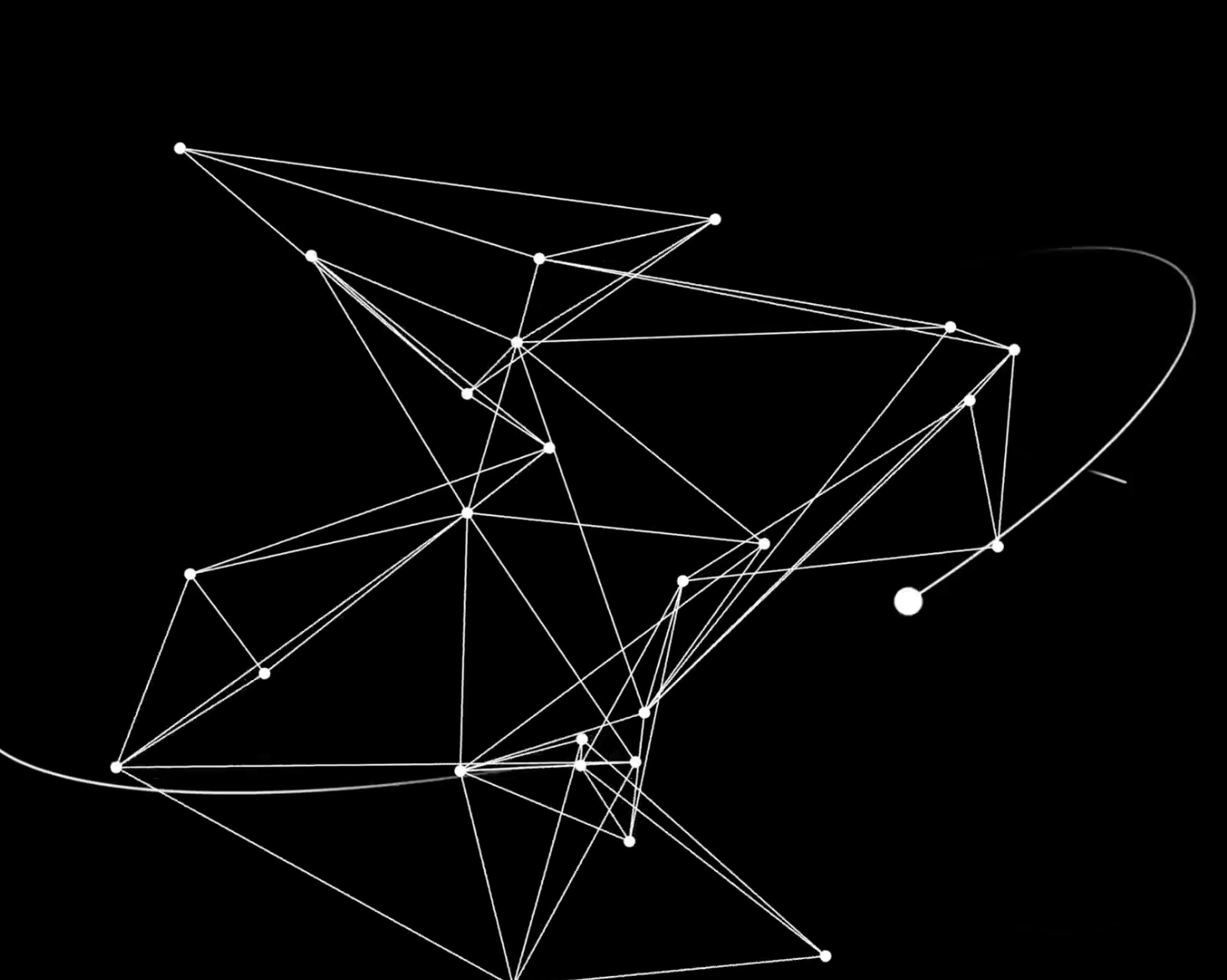 Abstract 3D visualization of interconnected white lines and dots on a black background, resembling a digital network or data graph structure.
