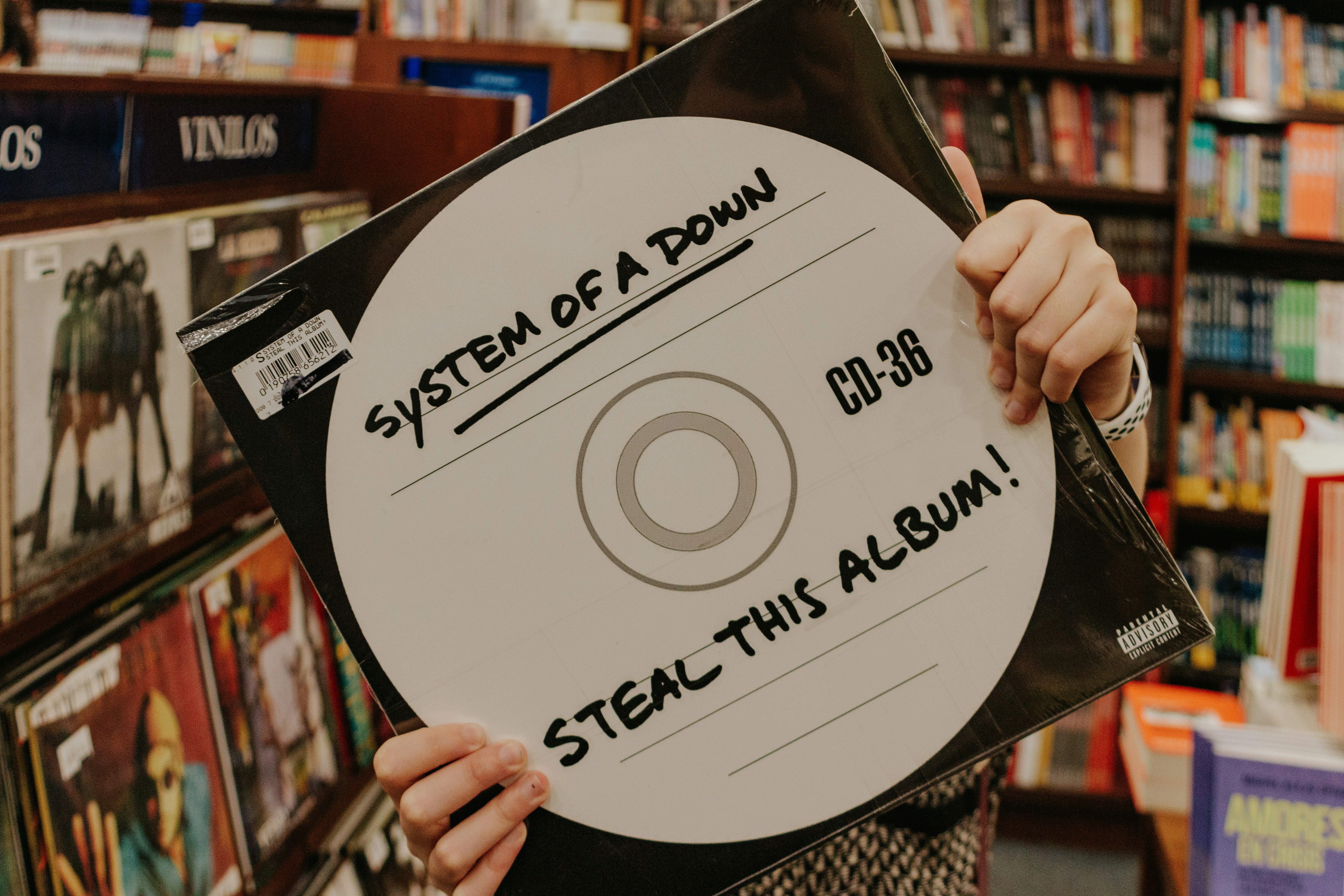 Closeup of person in record store holding a System of Down album called 'Steal this record.'