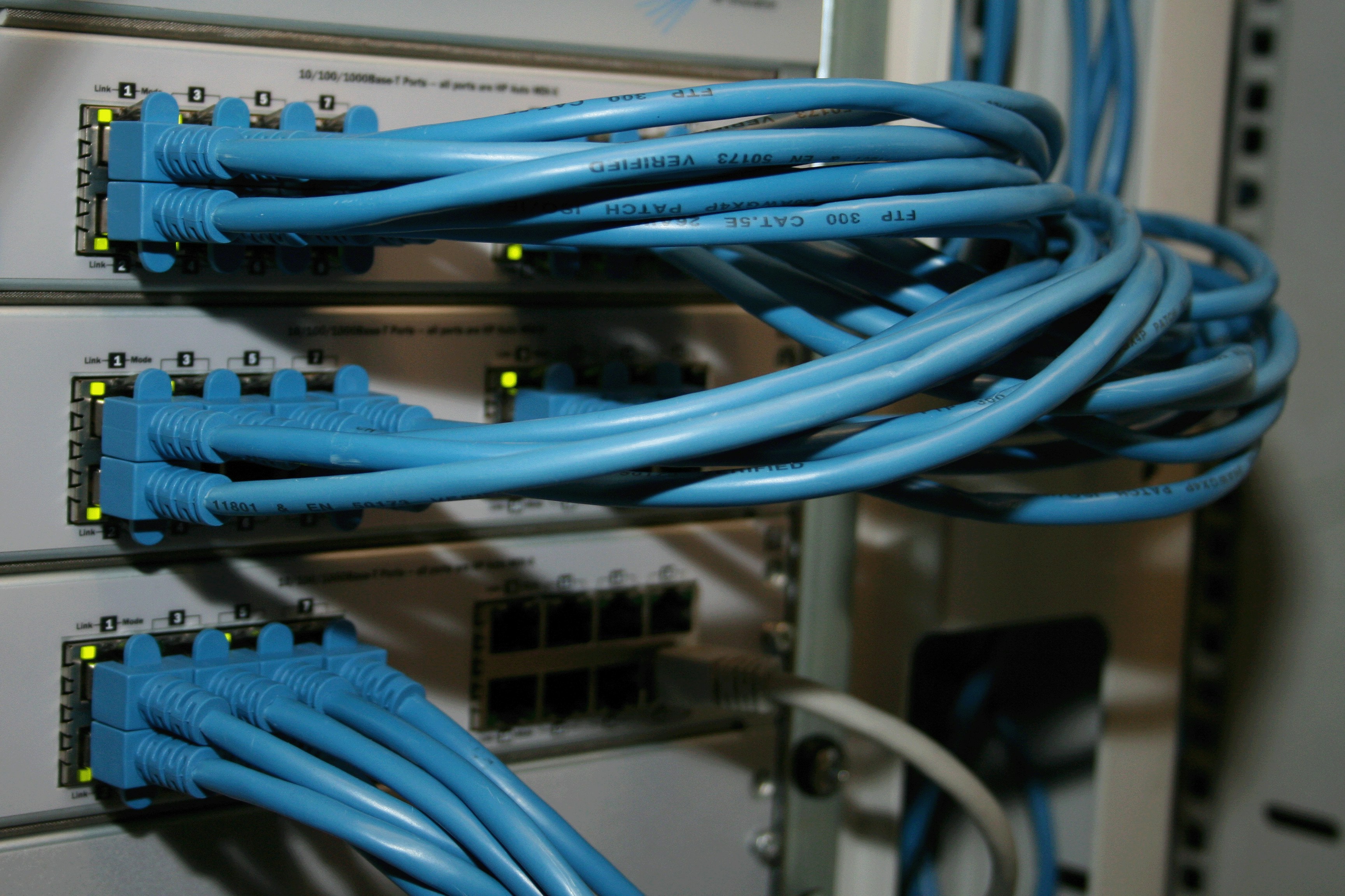 Tangle of blue ethernet cables connected to a router.