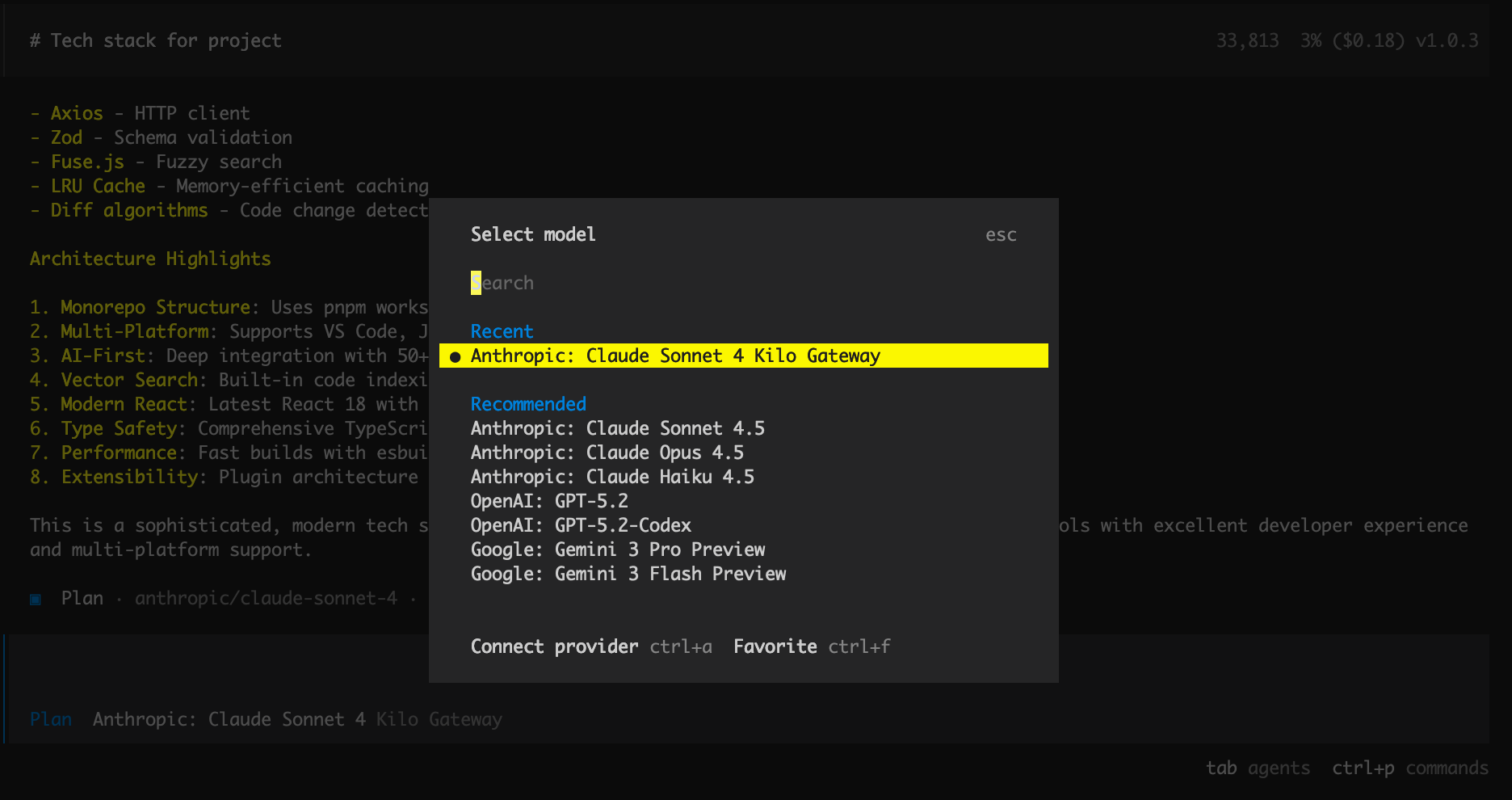 Kilo CLI interface showing a model selection menu with Anthropic Claude Sonnet 4 highlighted, alongside other available models from Anthropic, OpenAI, and Google.