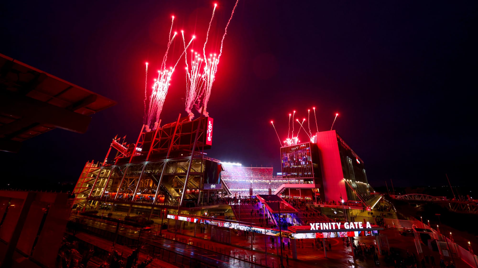 Fireworks light up Levi’s Stadium at night during Super Bowl week in Santa Clara, California.