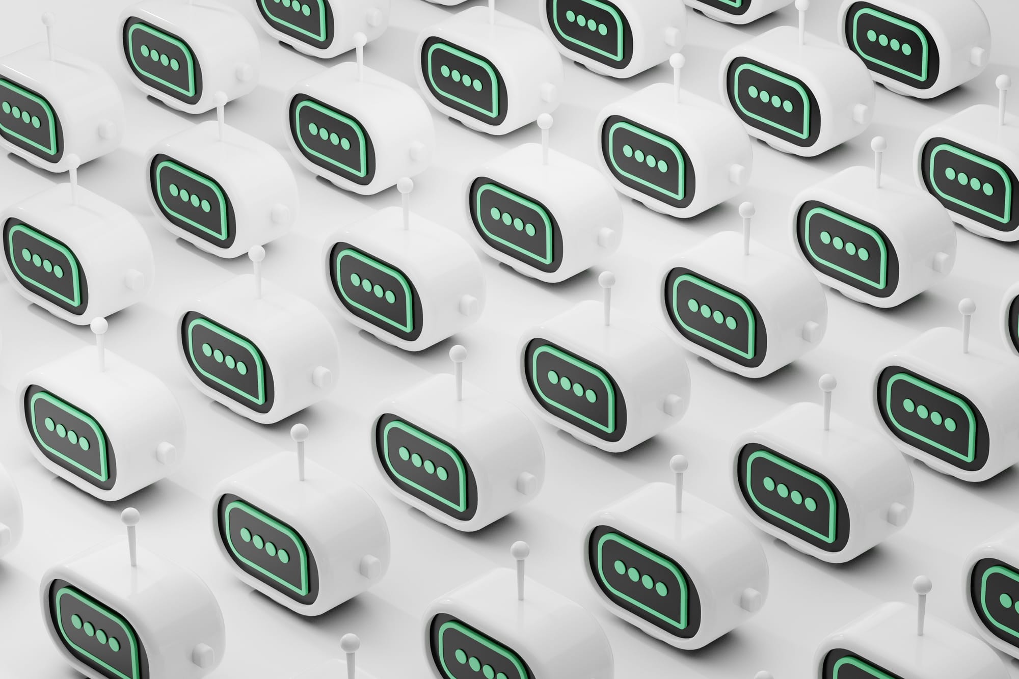 Repeating pattern of small white robot devices with green display screens.
