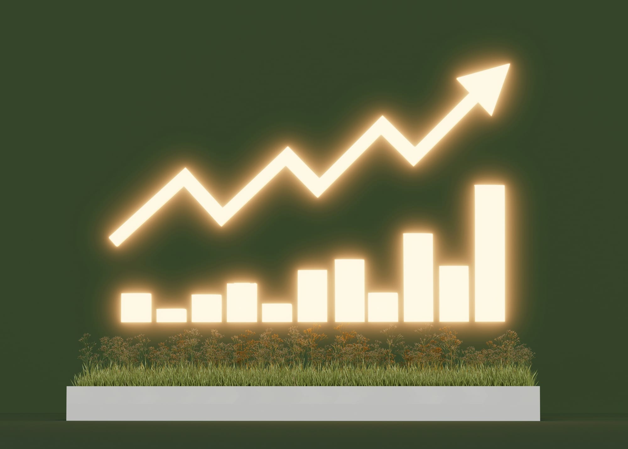 Glowing upward arrow over rising bar chart on green background.