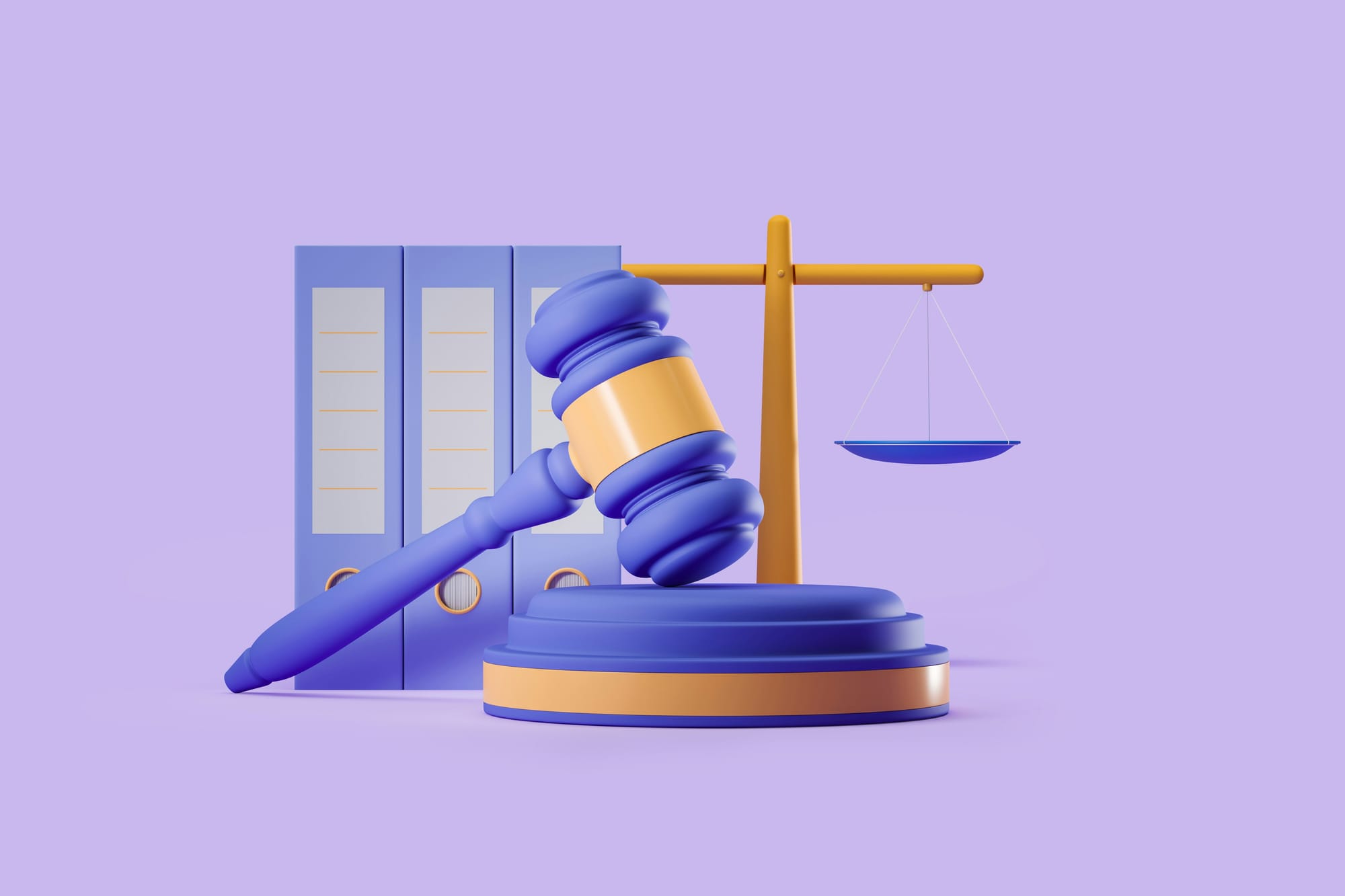 Stylized gavel and scales of justice with office binders in the background, representing law or regulation.