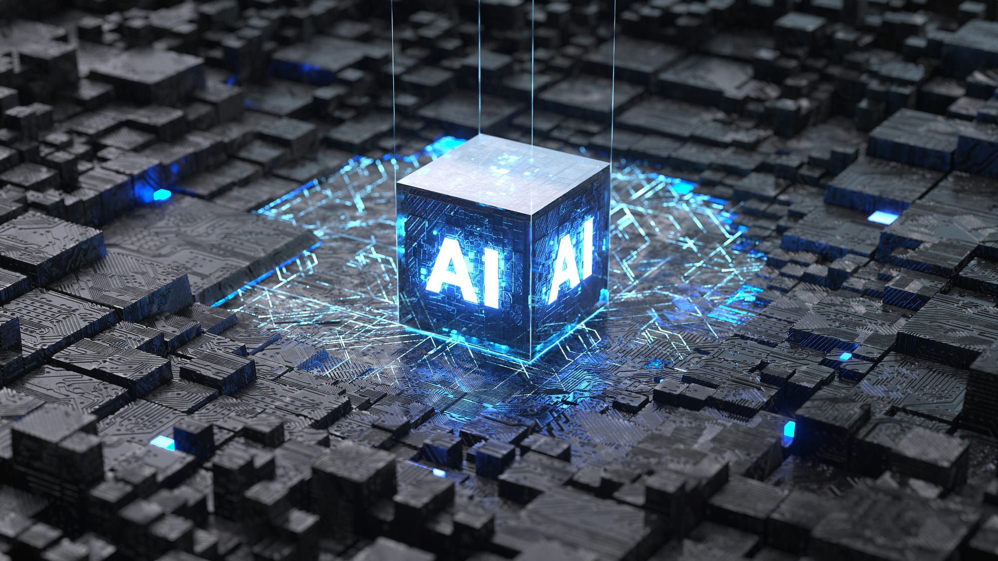 Glowing AI cube embedded in a complex circuit board network.