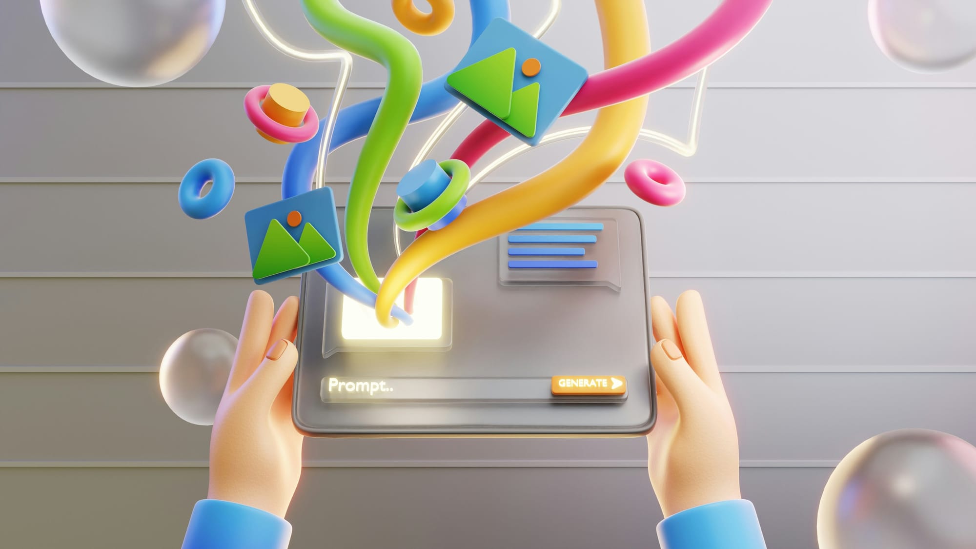 Hands holding a device as colorful shapes flow out, representing AI-generated content.