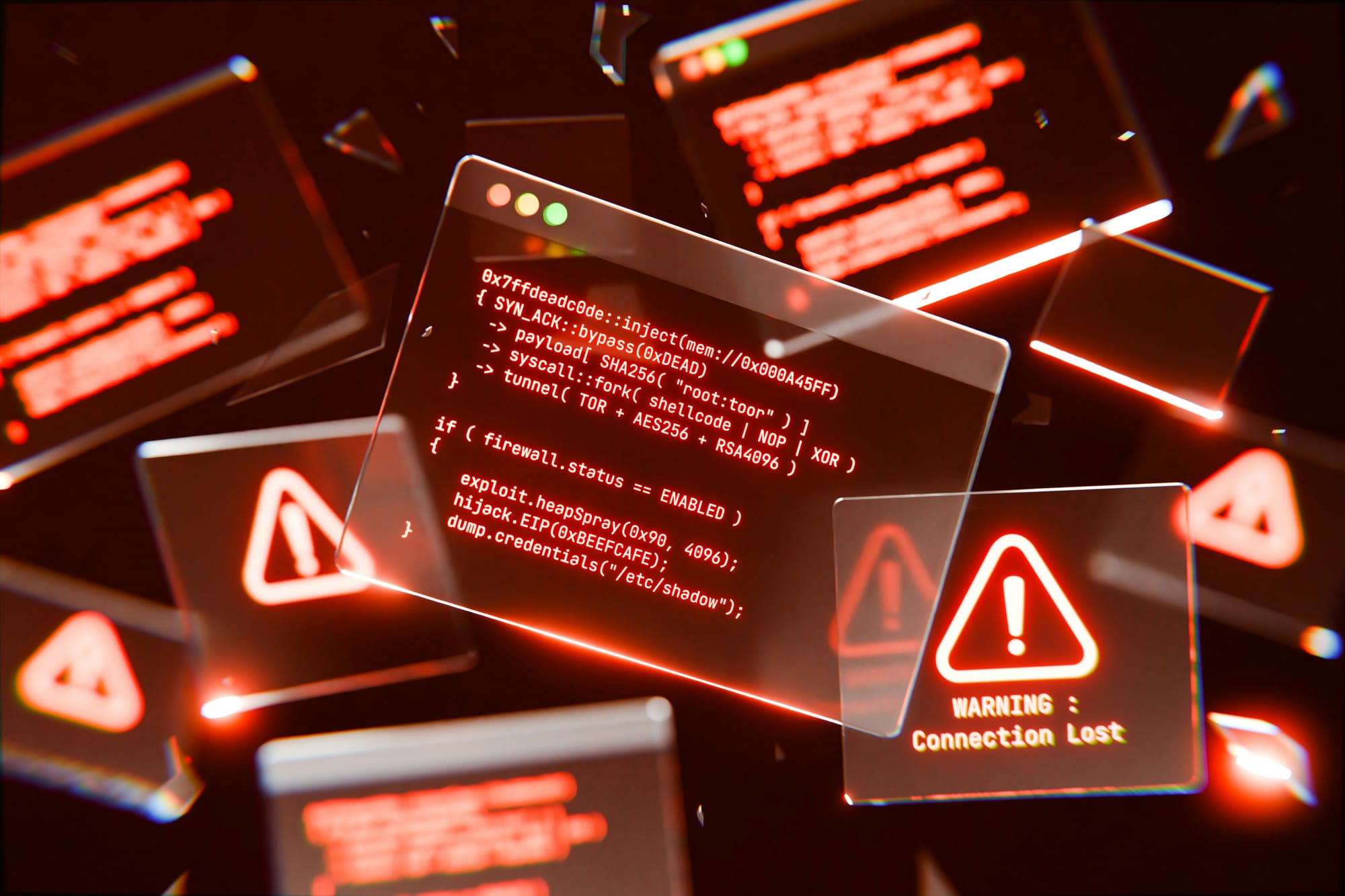 Floating red warning screens and code indicating an IT system outage or failure.