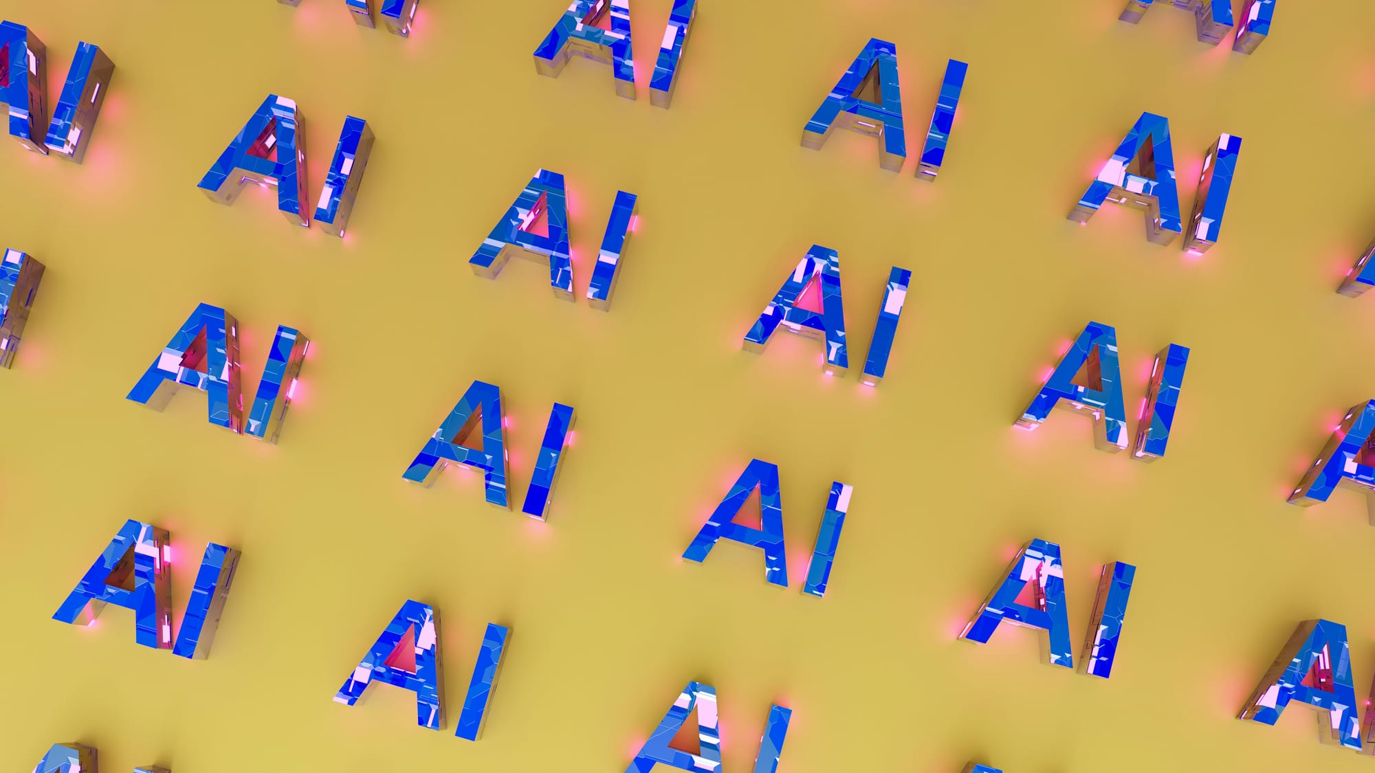 Pattern of 3D “AI” letters scattered on a yellow background with glowing accents