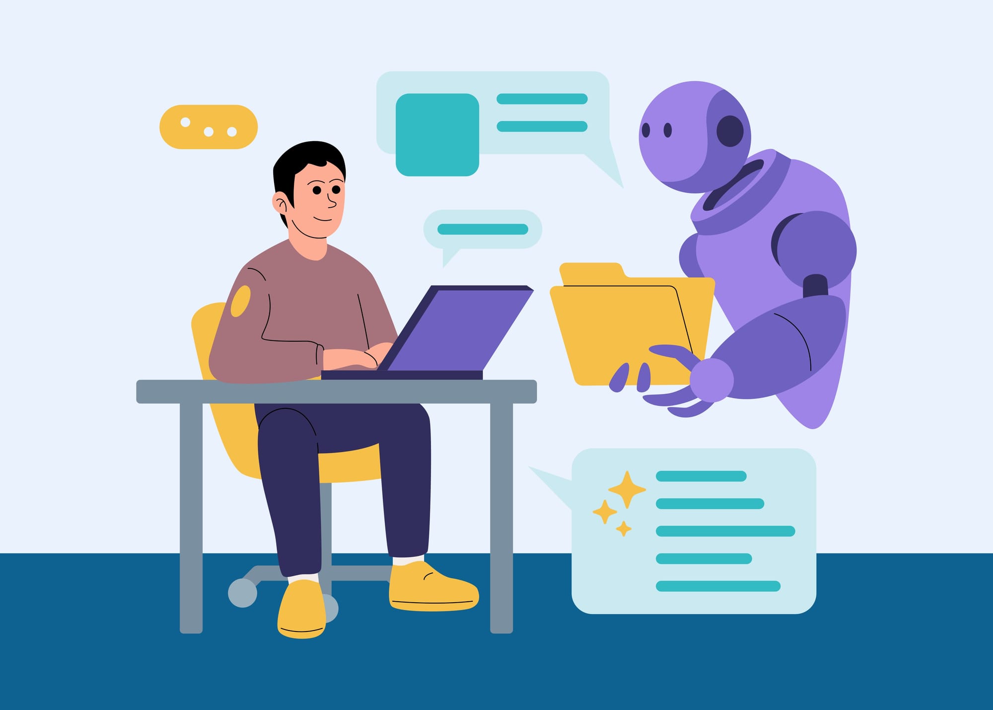 Person at laptop collaborating with a robot holding a folder, with chat bubbles.