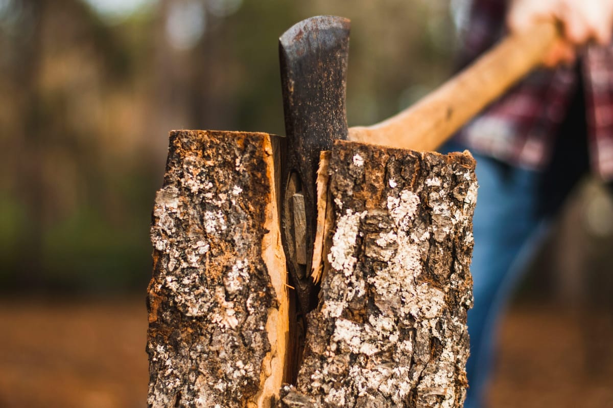 Person splitting a log with an axe.