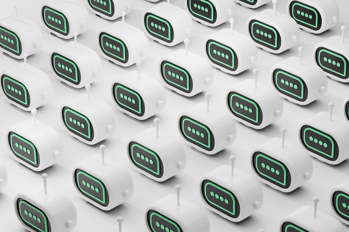 Repeating pattern of small white robot icons with green chat bubbles, arranged in rows on a light background.