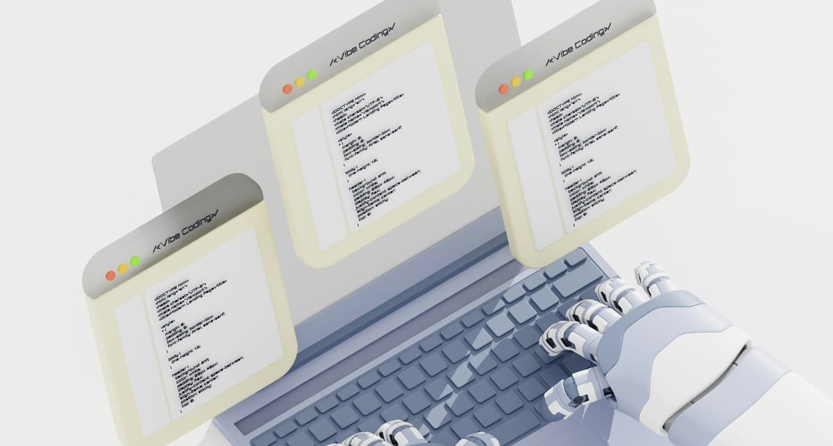 Robot hands typing on a keyboard with floating code windows labeled “Vibe Coding” above.
