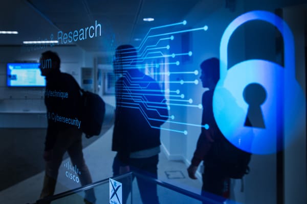 Shadow figures in front of bank of computers with research on one side and a lock on the other to illustrate cybersecurity.