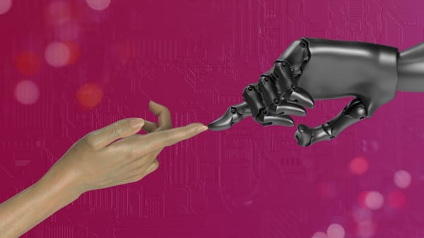 Robot finger touching a human finger over a pink background.
