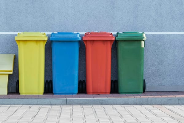 Yellow, blue, red and green garbage cans against a grey wall.