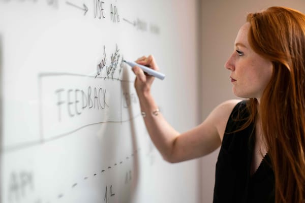 Woman with red hair wearing a black sleeveless shirt in front of a whiteboard with word "feedback" prominently displayed.