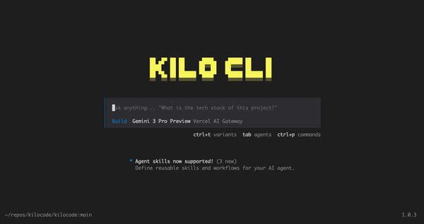 Kilo CLI interface showing an AI command line with a prompt asking about a project’s tech stack and options to build using Gemini 3 Pro Preview via Vercel AI Gateway.