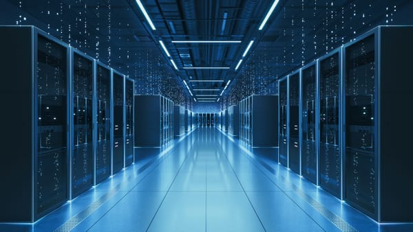 Rows of illuminated server racks inside a modern data center, blue LED lighting reflecting off a polished floor with overhead cables and conduits visible along the ceiling.