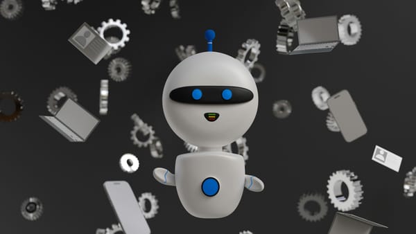 White cartoon robot with blue accents surrounded by floating gears, laptop, phone and documents against a dark background.