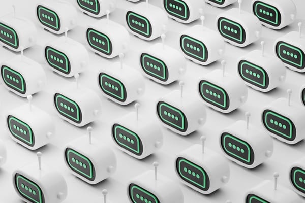 Repeating pattern of small white robot icons with green chat bubbles, arranged in rows on a light background.