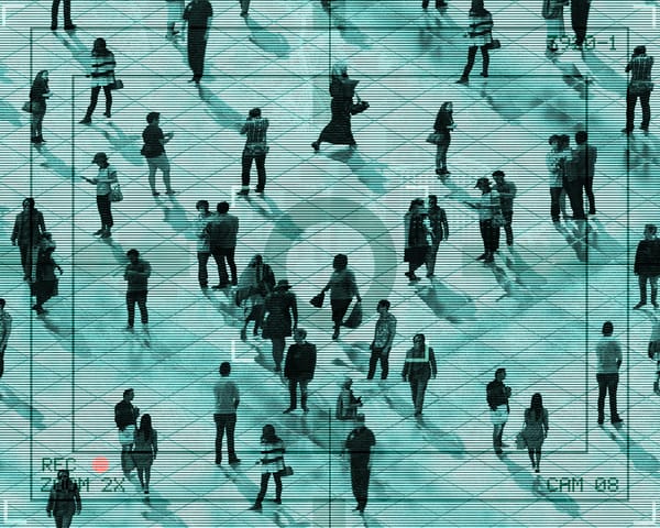 Overhead surveillance view of people walking across a plaza with camera graphic overlayed.