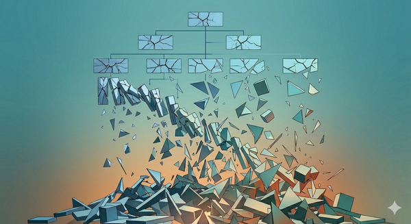 An abstract illustration of a corporate organizational chart fracturing and collapsing into a pile of geometric shards.